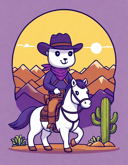 Coloring book image of cowboy riding horse across sunlit wild west plains with cacti and mountains at sunset in color