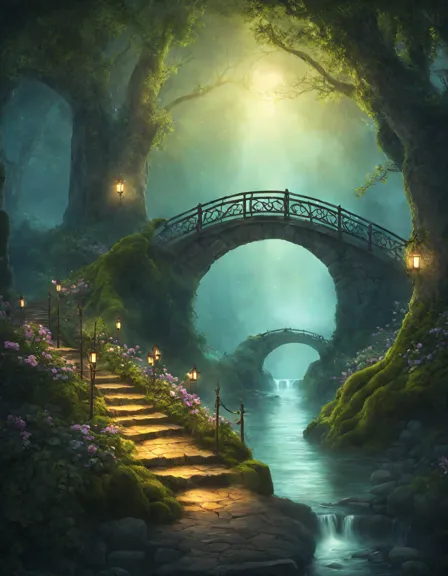 Coloring book image of mystical forest bridge with glowing vines under moonlight, inviting into an enchanted realm in color