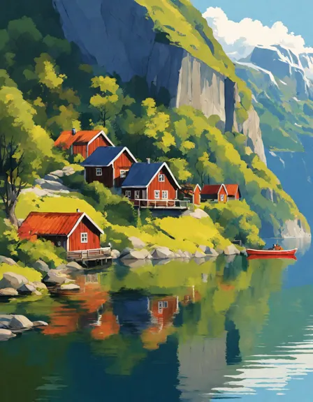 coloring book scene of norway's fjords with cliffs, clear waters, and wooden cottages in color