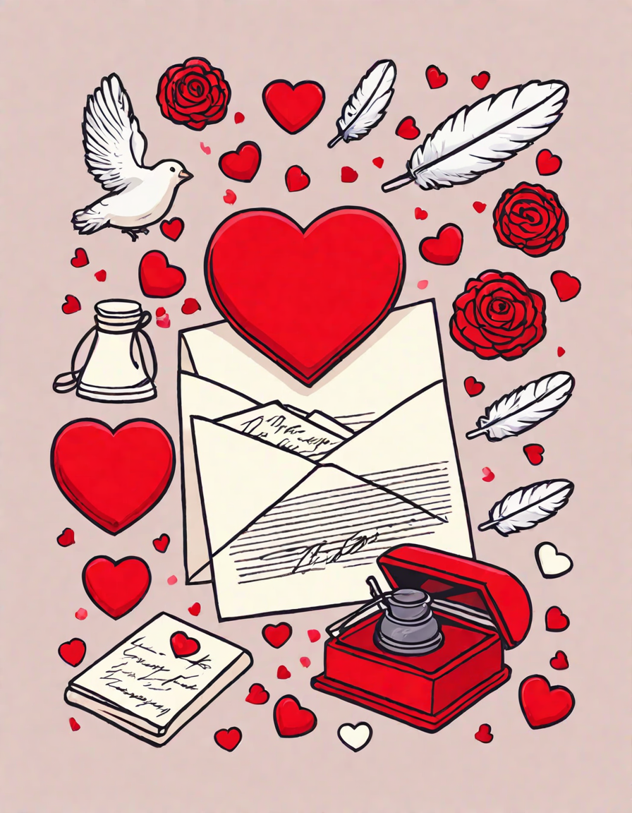 vintage valentine's day coloring book page with love letters, inkwell, and quill in color