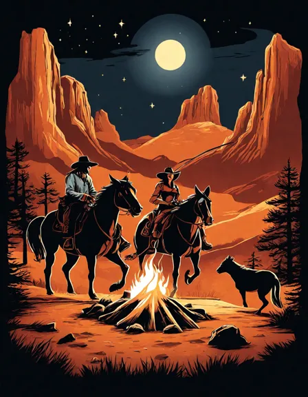Coloring book image of cowboys and cowgirls sharing tales around a campfire under the starry night sky in color