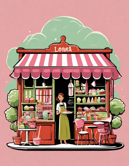 Coloring book image of charming italian gelato shop scene with colorful tubs and happy customers enjoying treats in color