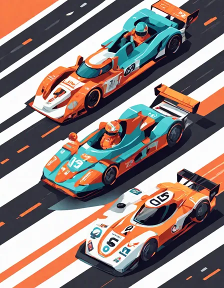 Coloring book image of luxury race cars lined up at the starting line on a detailed track, with excited spectators in the stands in color