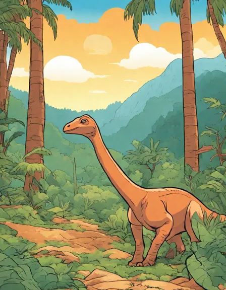 coloring page of parasaurolophus in a prehistoric valley at sunset, surrounded by lush vegetation in color