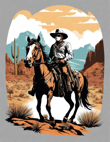coloring book page of lone ranger on horseback in the wild west, ready for coloring in color