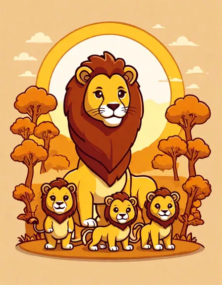 coloring book page featuring a lion family at sunset in the african savannah in color