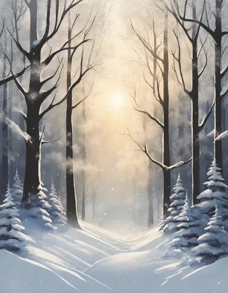 Coloring book image of snowy forest scene with snow-laden trees, snowflakes, and sunlight through canopy in color