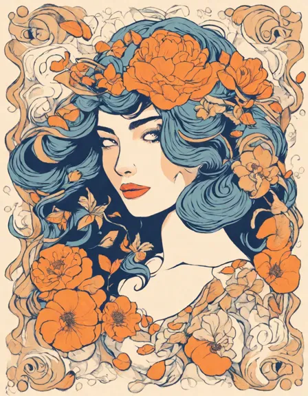 art nouveau coloring page featuring graceful women with flowing hair, elegant garments, and intricate floral motifs in color