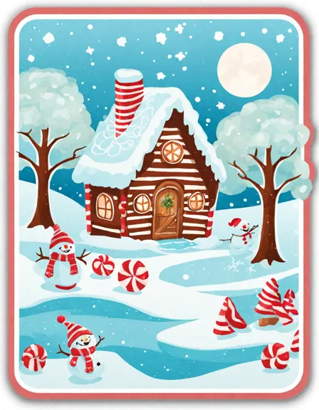 Coloring book image of magical peppermint winter wonderland scene with candy cane trees and a gingerbread cabin in color