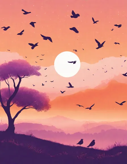 soft hues of sunset calm coloring page with warm oranges, gentle pinks, and soothing purples, featuring bird silhouettes for a serene experience in color