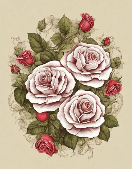 intricate rose vine coloring page for nature lovers with detailed petals, leaves, and buds for relaxing artistic enjoyment in color