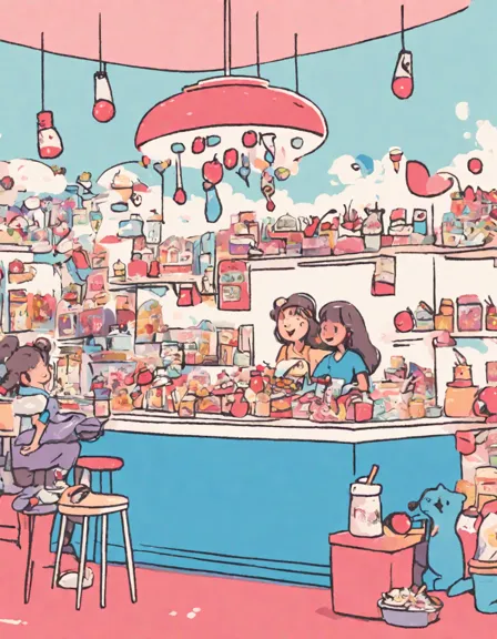 coloring page of 'the ultimate sundae challenge' in an ice cream shop with a towering, rainbow sundae in color