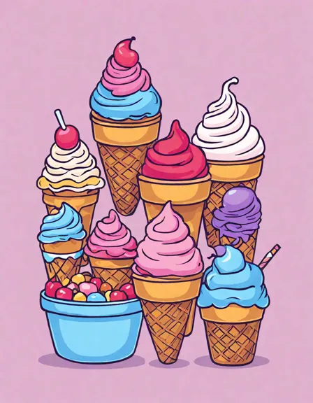 coloring book image of the great ice cream scoop off competition at a vibrant ice cream shop in color