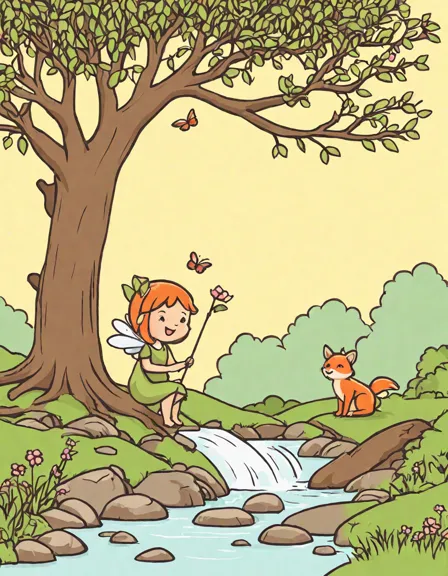 fairies gather by a babbling brook in an intricate coloring book page, their laughter carried by gentle breezes in color