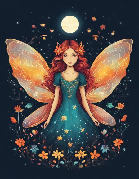 Coloring book image of ethereal fairies dance amidst twinkling fireflies under a moonlit sky, their shimmering wings and flickering lights creating a whimsical spectacle in color