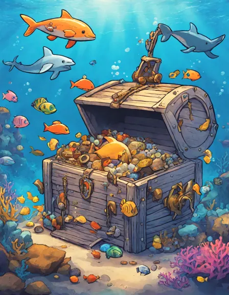 Coloring book image of tranquil sea with a shipwreck and treasure chest amid coral reefs and marine life in color