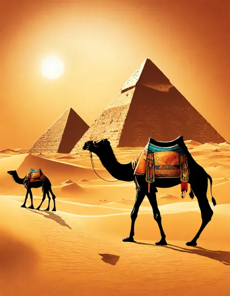 coloring image of the pyramids of giza with camels and guides at sunset, inviting a vivid egyptian adventure in color