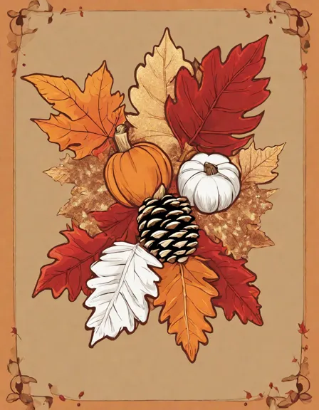 Coloring book image of thanksgiving craft setup with pinecones, leaves, berries, and instructions for a centerpiece in color