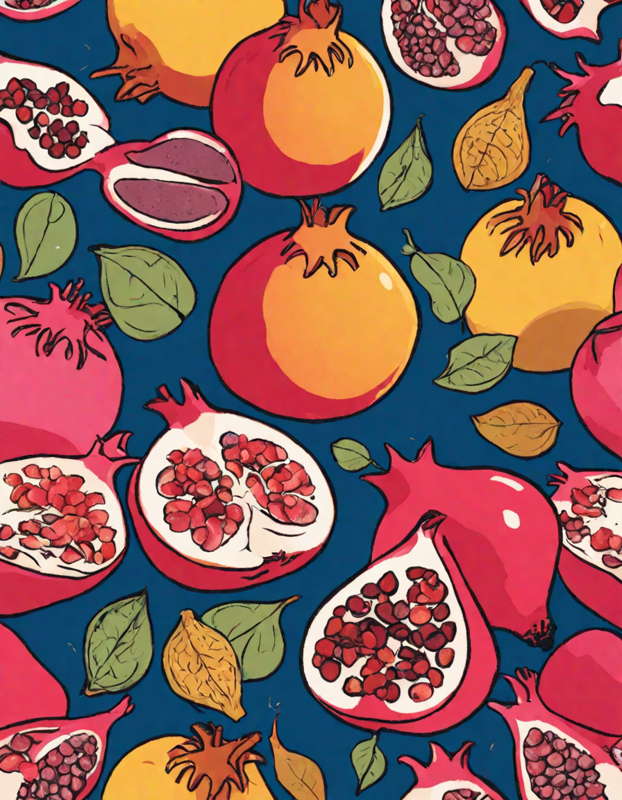 coloring book image featuring pomegranates and figs, inviting detailed coloring in color