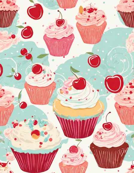 pastel-hued coloring page featuring cupcakes adorned with creamy frosting, sprinkles, cherries, and other confections in color