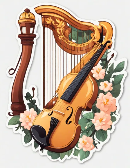 coloring book page of a harp with musical notes and floral patterns in color