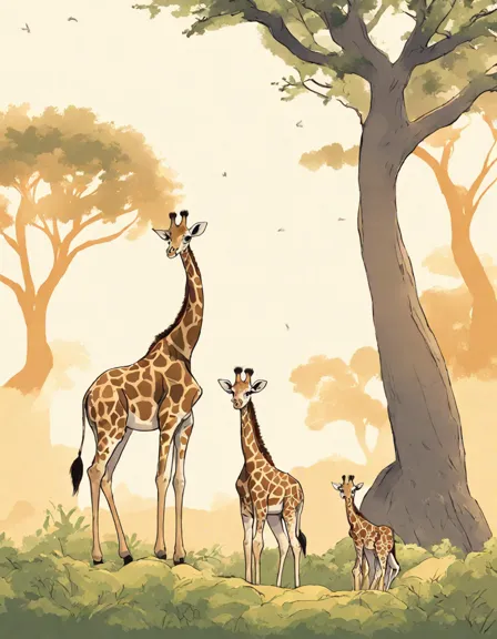 coloring book page of a giraffe family among acacia trees in the african savannah in color