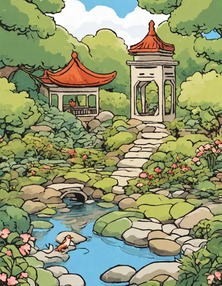 zen oasis coloring page: tranquil pond, stone lanterns, manicured shrubs in color