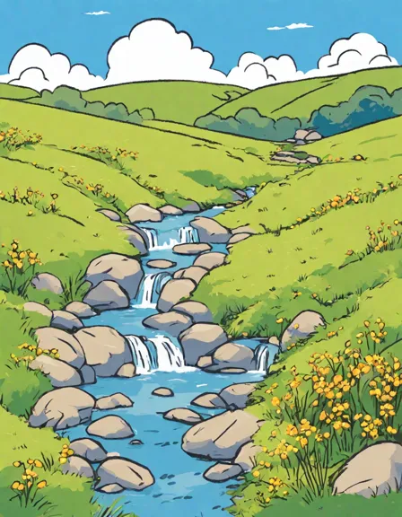 tranquil coloring book image of breezy meadows of peace with wildflowers, stream, and weeping willows. relax and unwind with nature-inspired coloring in color
