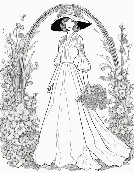 intricate art nouveau fashion and accessories coloring book page with flowing forms, floral motifs, and ethereal veils in color