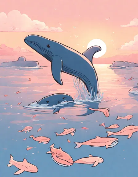 coloring page of whales breaching at dawn with a pink and blue sky background in color