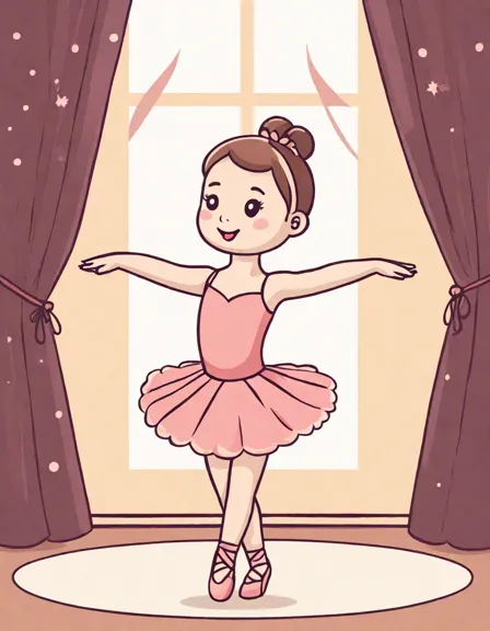young ballerina in spotlight for first recital on coloring page, detailed tutu and theater setting in color