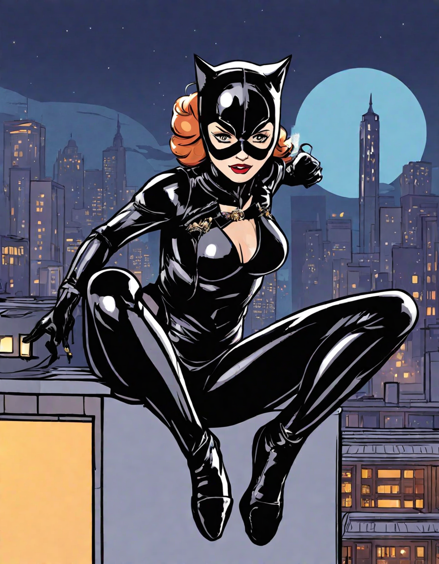 Coloring book image of catwoman heists a jewel under the moonlight, leaping across gotham city rooftops in color