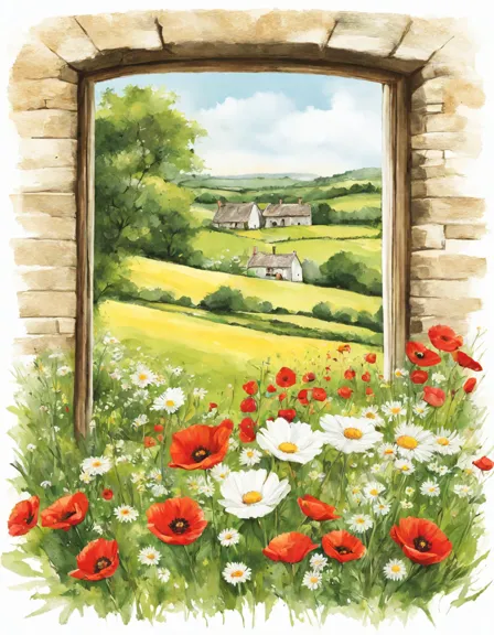Coloring book image of quaint farmhouse amidst blooming wildflowers in the scenic english cotswolds in color