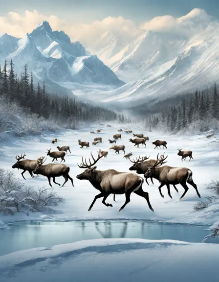 Coloring book image of majestic caribou herd migrating through the arctic wilderness, crossing frozen landscapes, leaping icy rivers, and grazing in snow-covered meadows in color