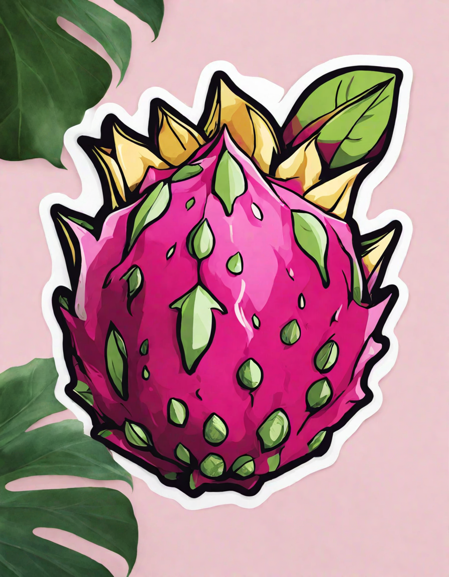 coloring book page featuring detailed exotic fruits like dragon fruit and cherimoya against a tropical backdrop in color
