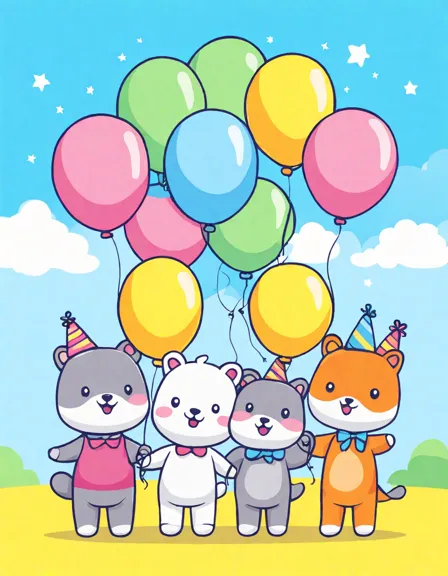 Coloring book image of colorful birthday balloon fiesta with children holding balloons and festive decorations in color