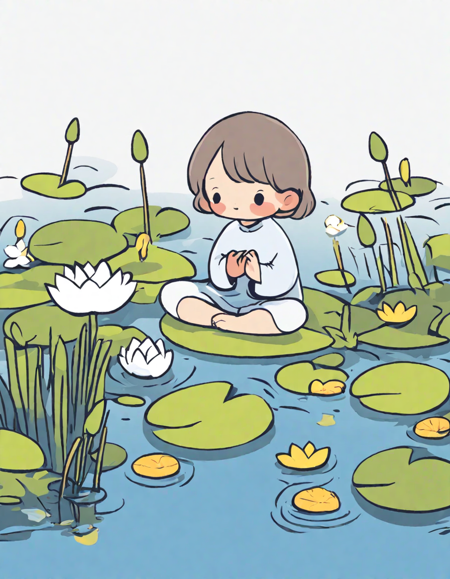 meditation coloring page: person meditating on lotus in pond, surrounded by ripples, reeds, and lotus flowers. zen and harmony theme in color