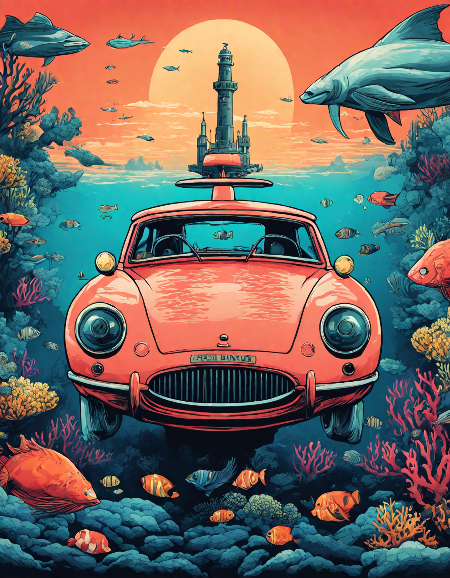 Coloring book image of underwater city with futuristic cars and marine highways in color