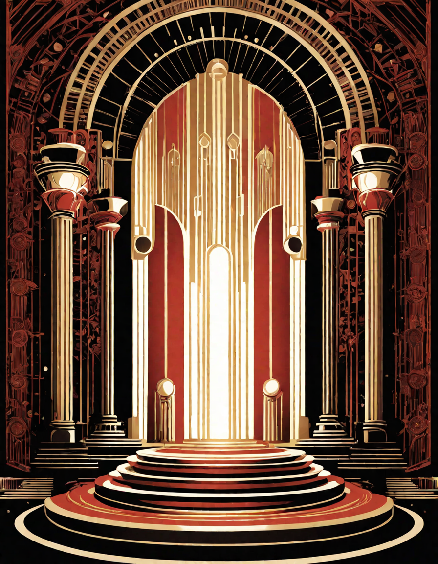 Coloring book image of art deco proscenium stage with intricate geometric detailing and shimmering medallions in color