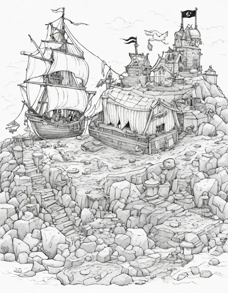 coloring page of a treasure cave with chests, gems, maps, and pirate symbols in color