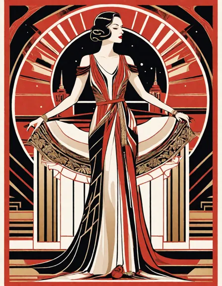 Coloring book image of art deco fashion figure in chic geometric dress, embodying the glamour and sophistication of the era in color