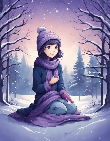 Coloring book image of child in winter hat reaching for first snowflake under a lavender and indigo twilight sky in color