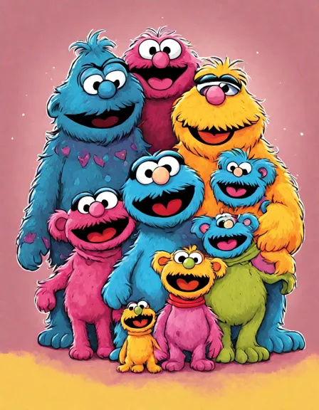 Coloring book image of lily monster and her sesame street family enjoy a warm embrace in her cozy apartment in color