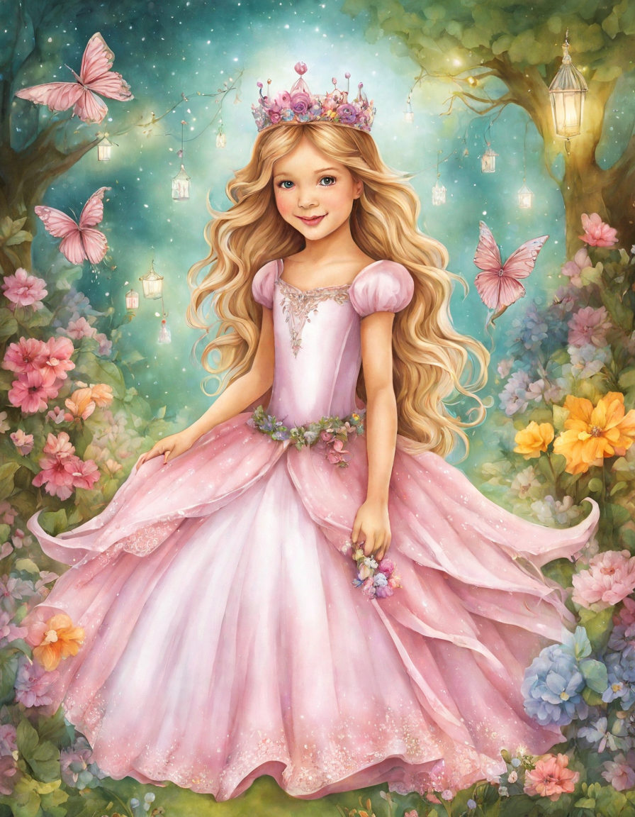 fairy tale princess birthday party coloring page with magical garden and woodland creatures in color