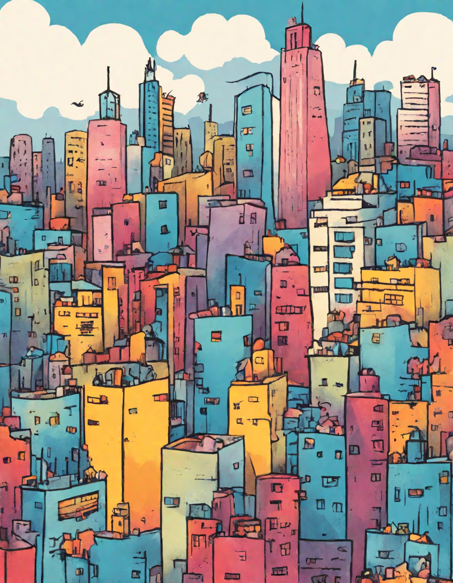 intricate abstract coloring book page depicting the chaos and energy of vibrant urban life, featuring skyscrapers, shapes, and vibrant colors in color