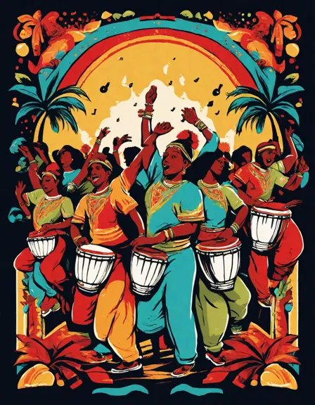 coloring book page featuring bongos and congas with a festive background of music notes and dancers in color