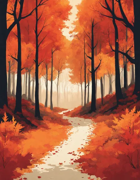 coloring book page of an autumnal forest with leaves in shades of amber, gold, and red in color