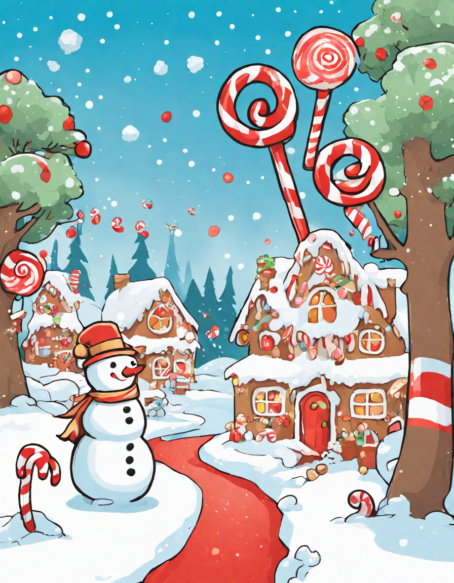 Coloring book image of enchanting candy cane forest scene with swirling candy canes, lollipop trees, and gingerbread creatures in color