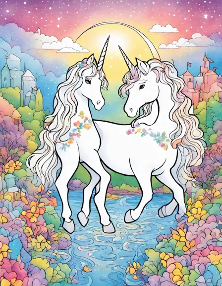 coloring book page featuring unicorns and rainbow bridges in a magical sky in color