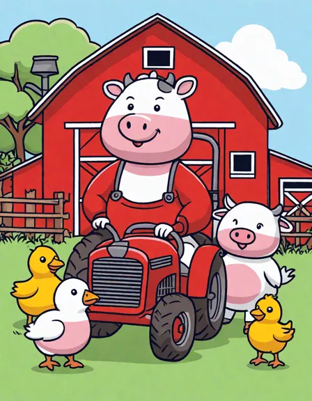 vintage red tractor and farm animals in a heartwarming farm scene coloring book image in color